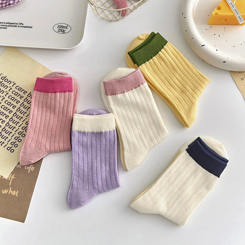 Simple and Sweet Women Contrast Candy Color Ribbed Cotton Tube Socks