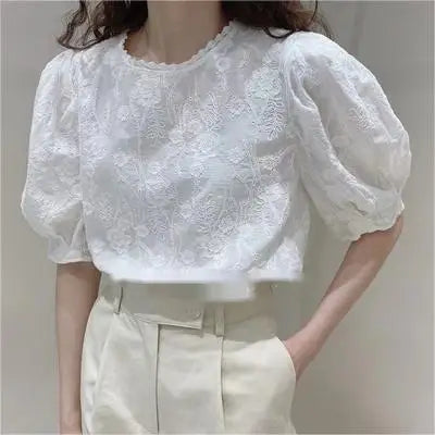 One Size Bubble Sleeved Top Xia Xiaozhong Senior Heavy Industry Embroidered Shirt Half Puff Sleeve Shirt