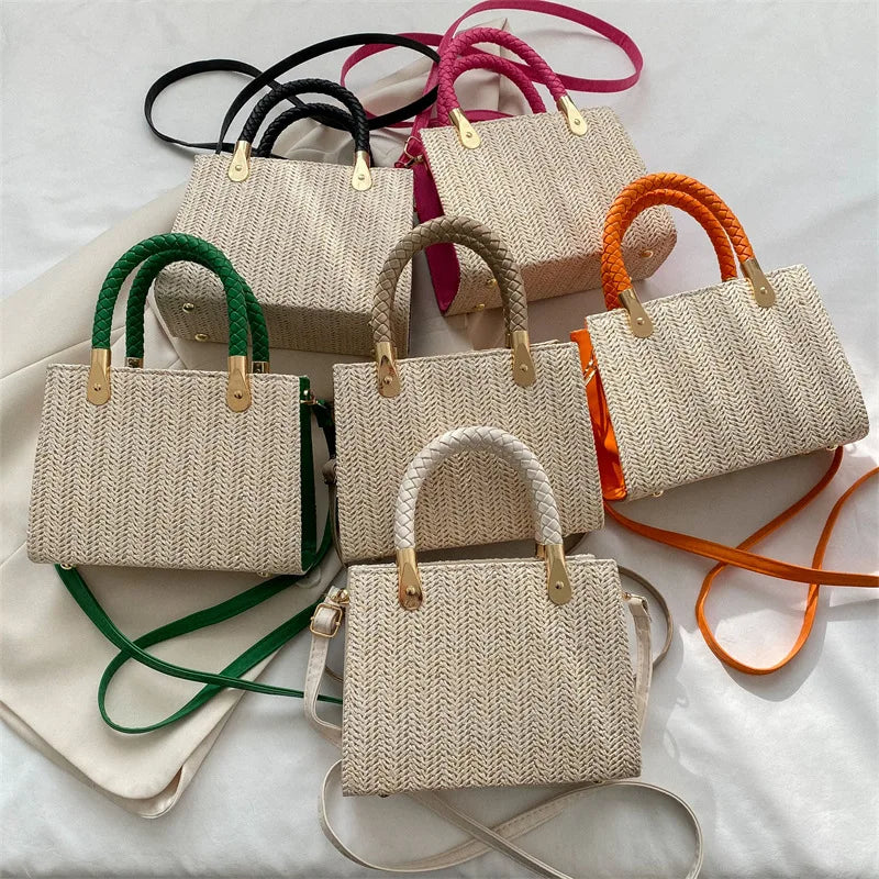 New Fashion Lady Beach Straw Bag Zip Summer Handbag Eco Friendly Handmade Woven Tote Bag Knitted Women Purse