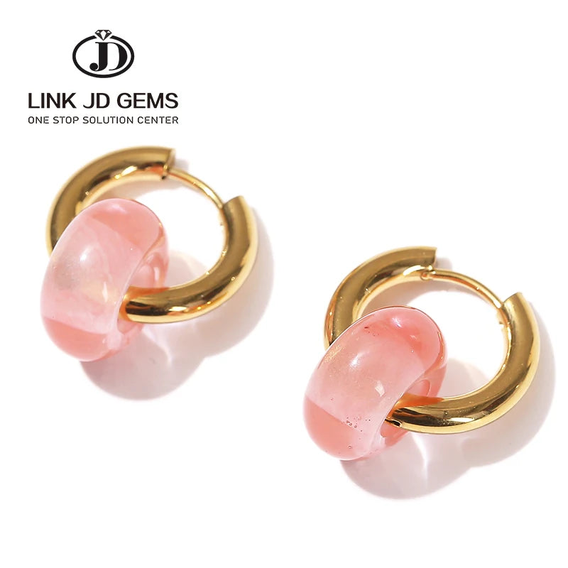 JD Women Bohe Colorful Wedding Gift Natural Pink Quartz Yellow Tiger Eye Donut Huggies Stainless Steel Gold Plated Hoop Earrings