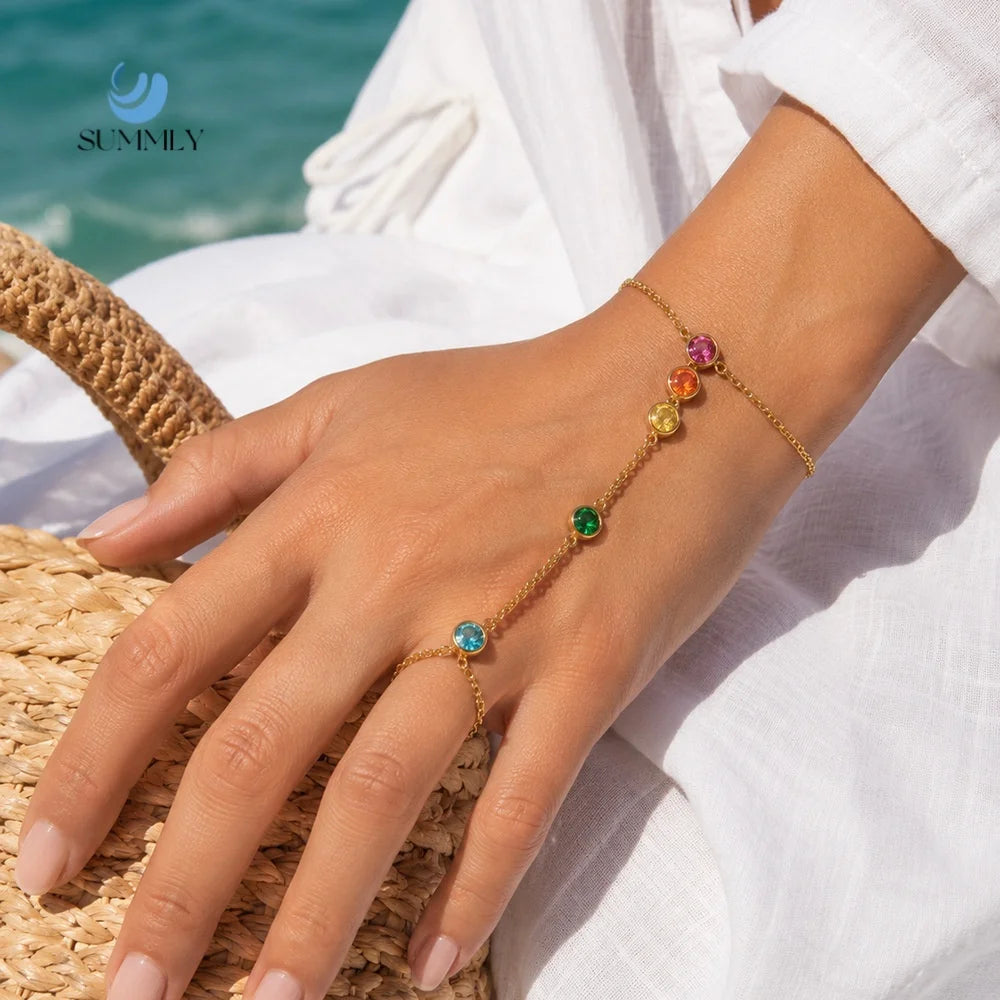 SUMMLY Trendy Daily Colorful Zircon Finger Ring Chain 18K Gold Plated Stainless Steel Bracelet for Women Valentine Jewelry Gift MegaBDM