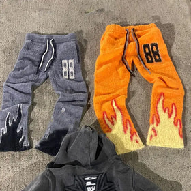 Custom Logo New Solid Color Mohair Trousers Winter Warm Knitted Drawstring Sweatpants Fuzzy Flared Pants for Men