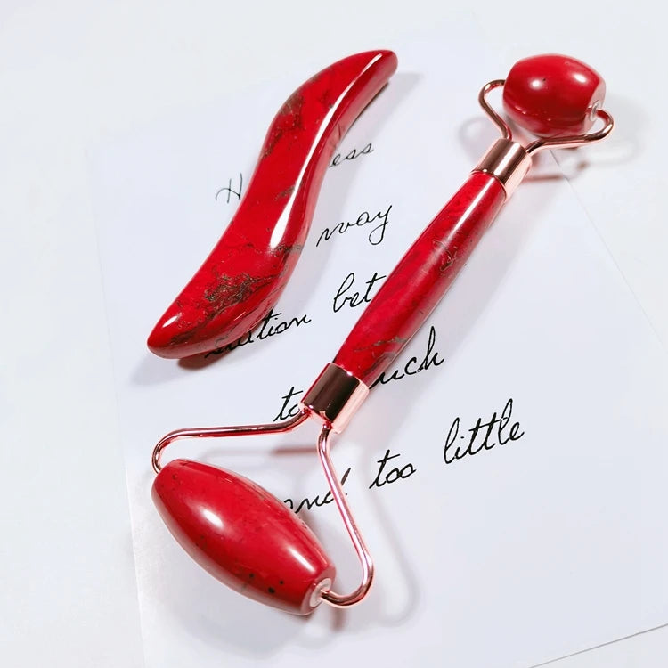 DIY Best Facial Jade Roller Massage Red JasperRoller Gua Sha Set