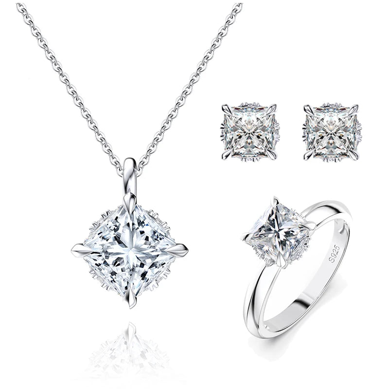 RINNTIN Romantic 925 Sterling Silver Cubic Zircon Jewelry Set Square Shape Full Zircon Earrings Necklace Rings Jewelry Sets