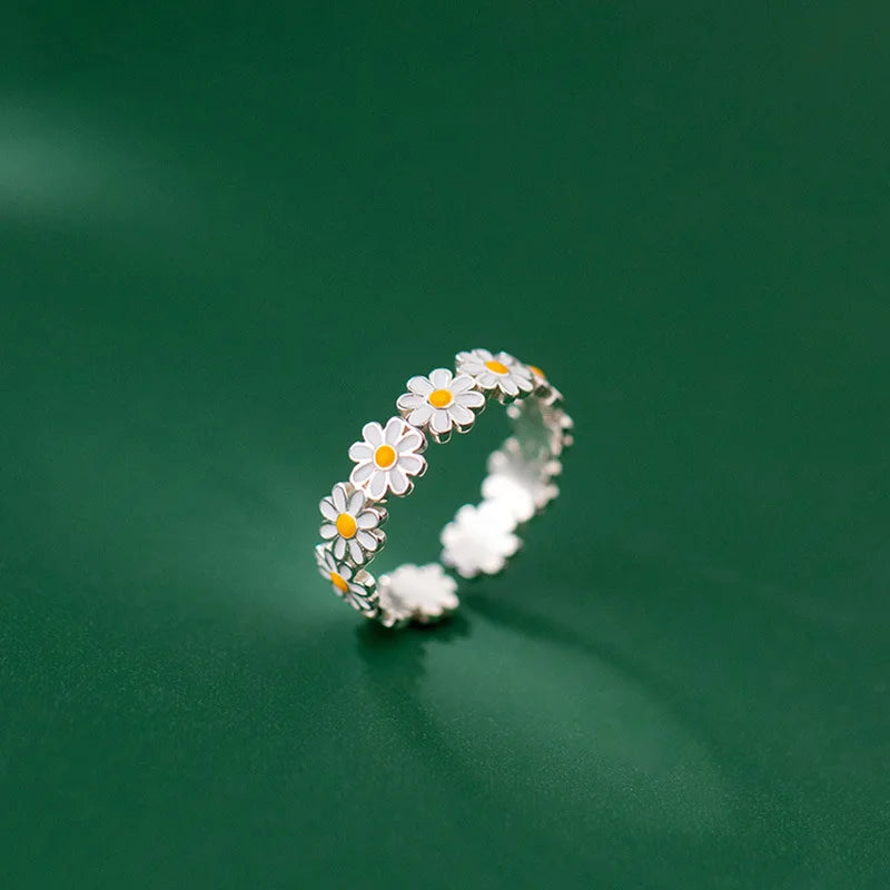Temperament Jewelry Adjustable Open Ring Delicate Everyday Ring Silver Small Daisy Flower Rings for Women