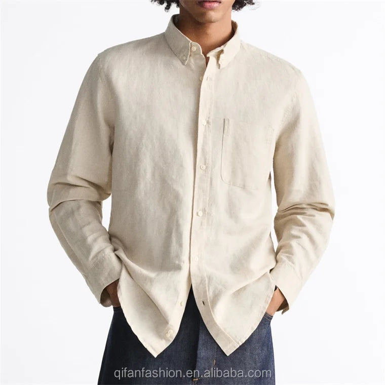 Custom Polo Collar Long Sleeve Plain Flax Linen Dress Shirt Cotton Flannel Chest Patch Pocket Business Style Short Vacation