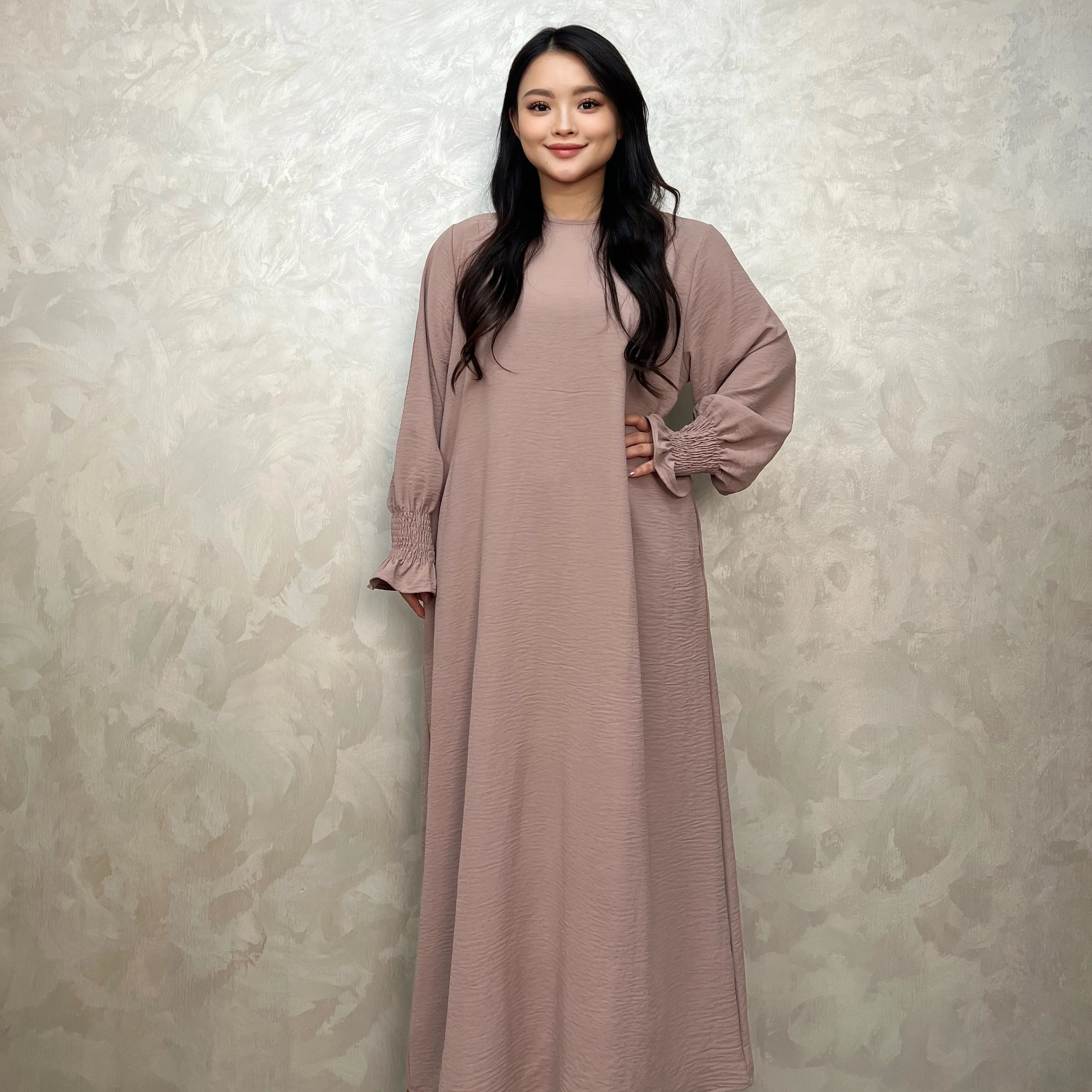 LM008 Crepe Slip Abaya 2 Pcs Set With Khimar Dress Flounce Sleeves with Pockets Zipper Ironless Summer Dress Prayer Dress Modest