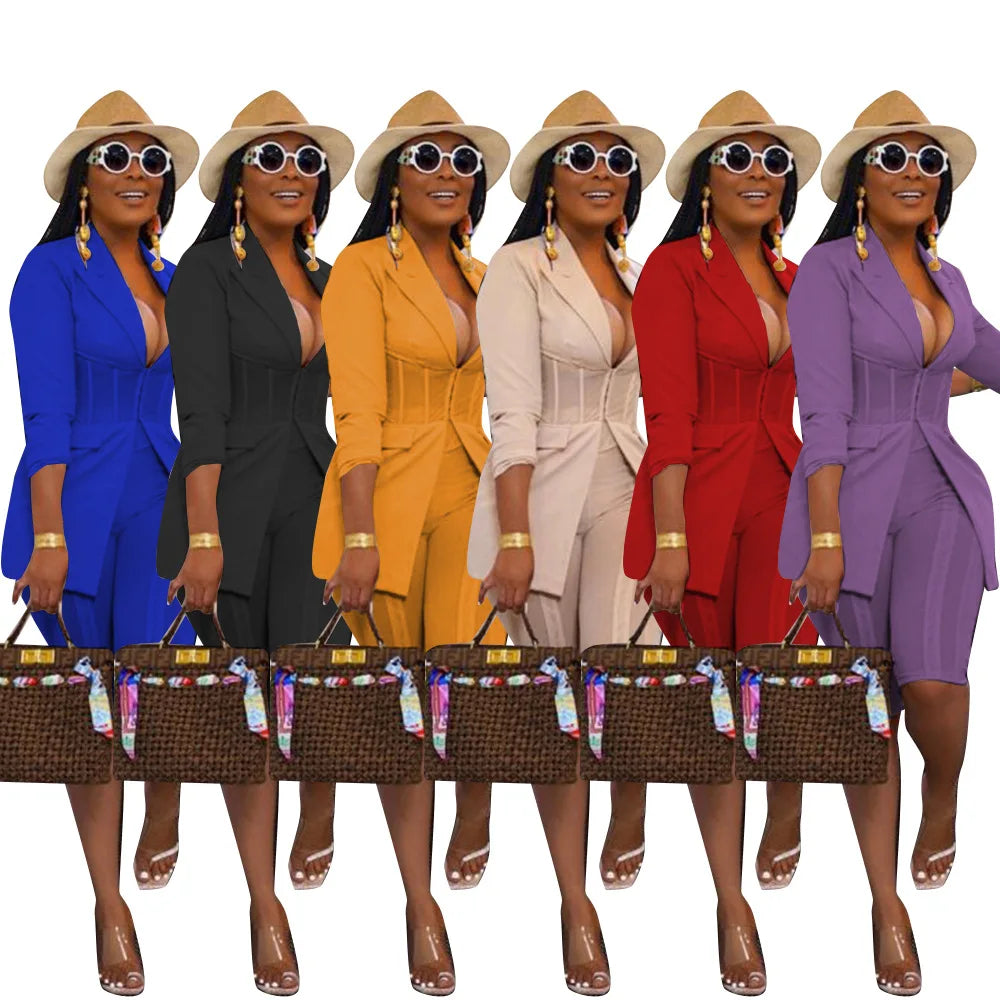 Fall Women Clothes New Casual Solid Color Long Sleeved Shorts Workplace Womens Suits Two Piece Set