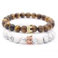 Unisex Handmade Natural Lava Stone Bead Bracelet Classic King Queen Couple Bangle Anniversary Zircon Manchao Claw Setting