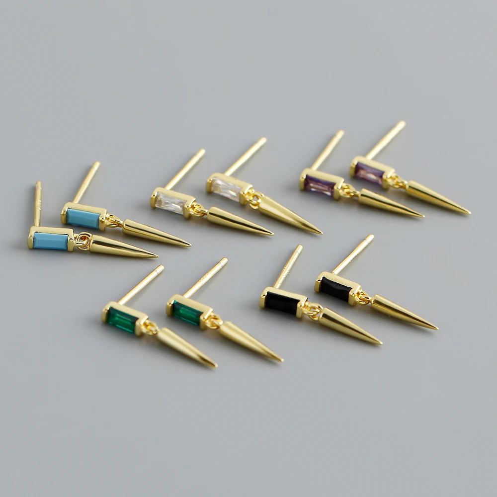 NEW Wholesale Fashion Jewelry 925 Sterling Silver square Zircon Cone Dangle Gold Plated Stud Earring Jewelry for Women