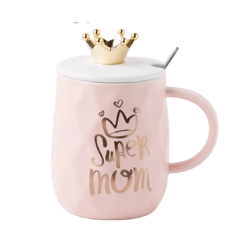 Nordic Coffee Mug pink Crown Mother's Day Ceramic Wedding Gift Milk Cups with Lid and Spoon Style Set Couple Christmas Gold Roya