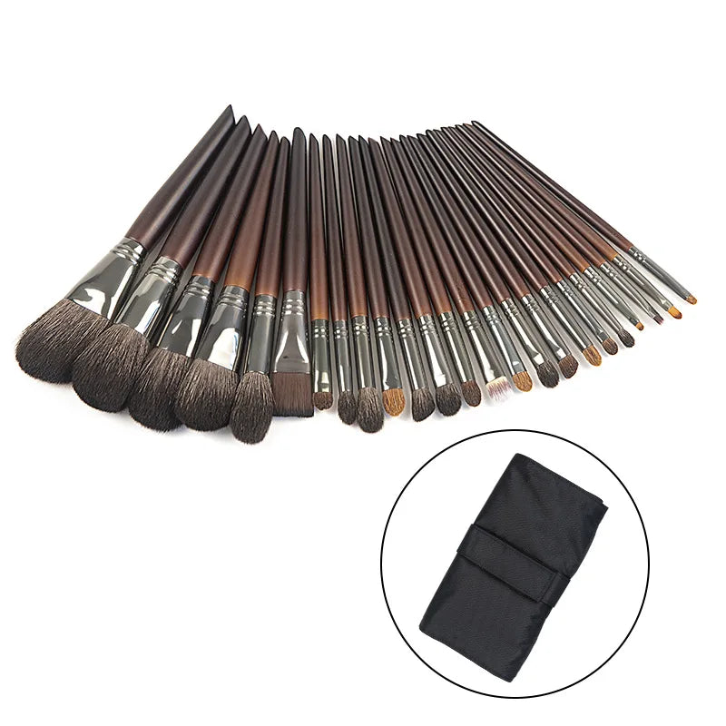 Custom Professional 24-Piece Makeup Brush Set with Natural Hair Wood Handles Private Label Option Includes Eyebrow Pencil