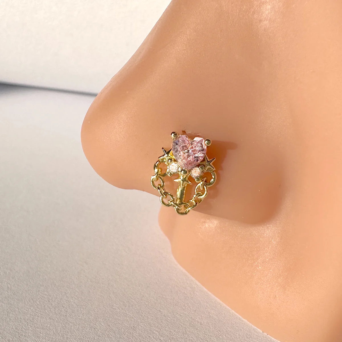 Handmade 14K Plated Copper With Pink Heart Zircon Nose Cuff Hot Sales Clip on Nose Clip None Piercing Jewelry
