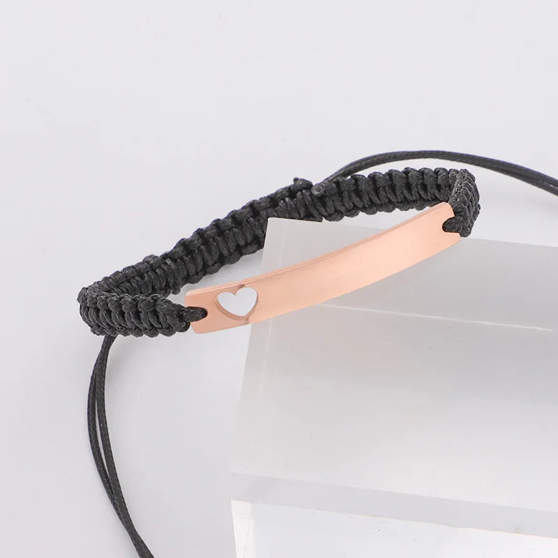 New European American Wind Couple Simple Wax Rope Woven Adjustable Bracelet Curved Long Hollow Heart Hand Bangle Jewelry