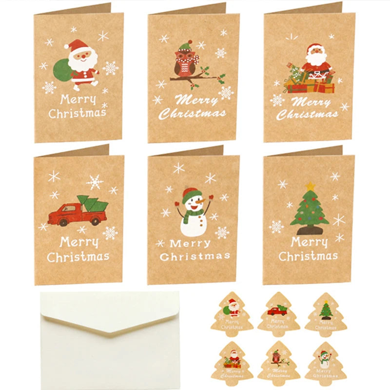 Kraft Paper Handmade Folding Gift Cards with Envelope and Cartoon Stickers Merry Christmas Greeting Original Design