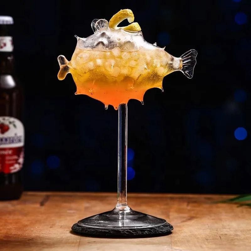 270ml Creative Pufferfish Cocktail Glass Glass with Straw Transparent Goblet Glass Bar Party Drinkware