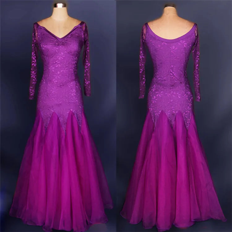 Custom MOQ 1PCS Women Lace Long Sleeve Plain Purple Blue Waltz Dance Costume