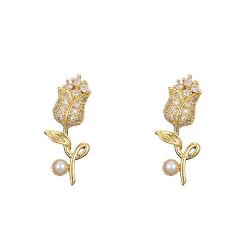 Zuola Custom 18K Gold-Plated Tulip Shaped Cubic Zircon Earrings for Women Trendy Imitated Pearl Design for Wedding Parties