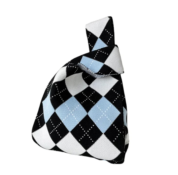 Casual Reusable Knitting Crochet Bag Handmade Stripe Plaid Tote Bag Polyester Knitted Handbag Design