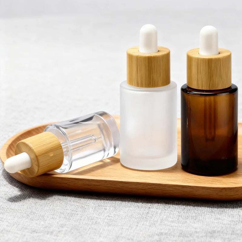Refillable Empty Bamboo Square Shoulder Glass Dropper Bottle Compostable Wooden & Bamboo Cosmetic Packaging Essential Oil Bottle