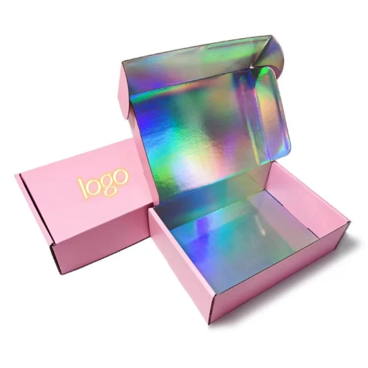 Custom Logo Glossy Mailer Box Printed Rainbow Laser Color Corrugated Paper Box for Cosmetic Gift Packaging