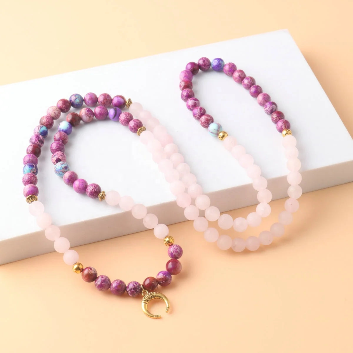 Prayer Mala Necklace for Women Fashion Jewelry Natural Rose Quartz Imperial Jasper Meditation Protection Yoga Necklace Gift