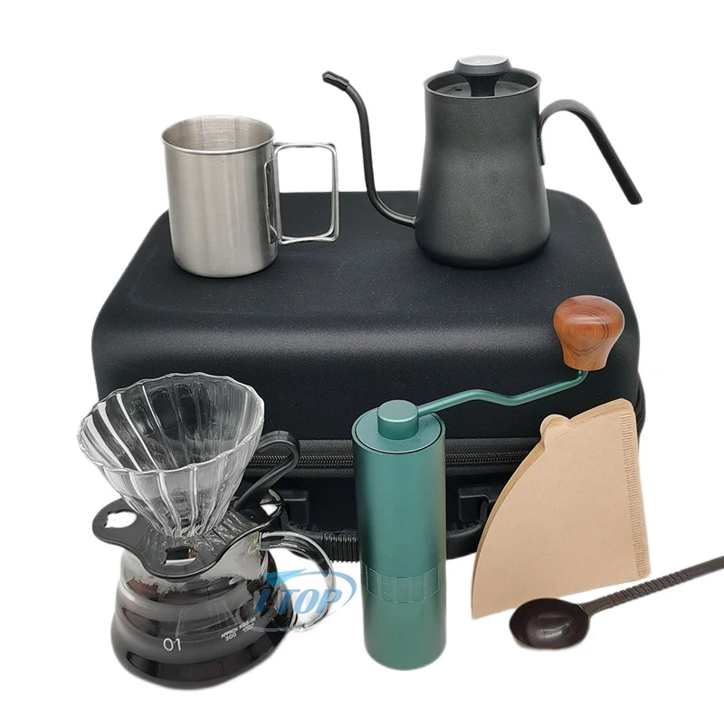 In Stock Eco-Friendly Coffee Maker Set Wholesale Coffee Accessories Including Kettle Manual Grinder Glass Cup-for Gifts