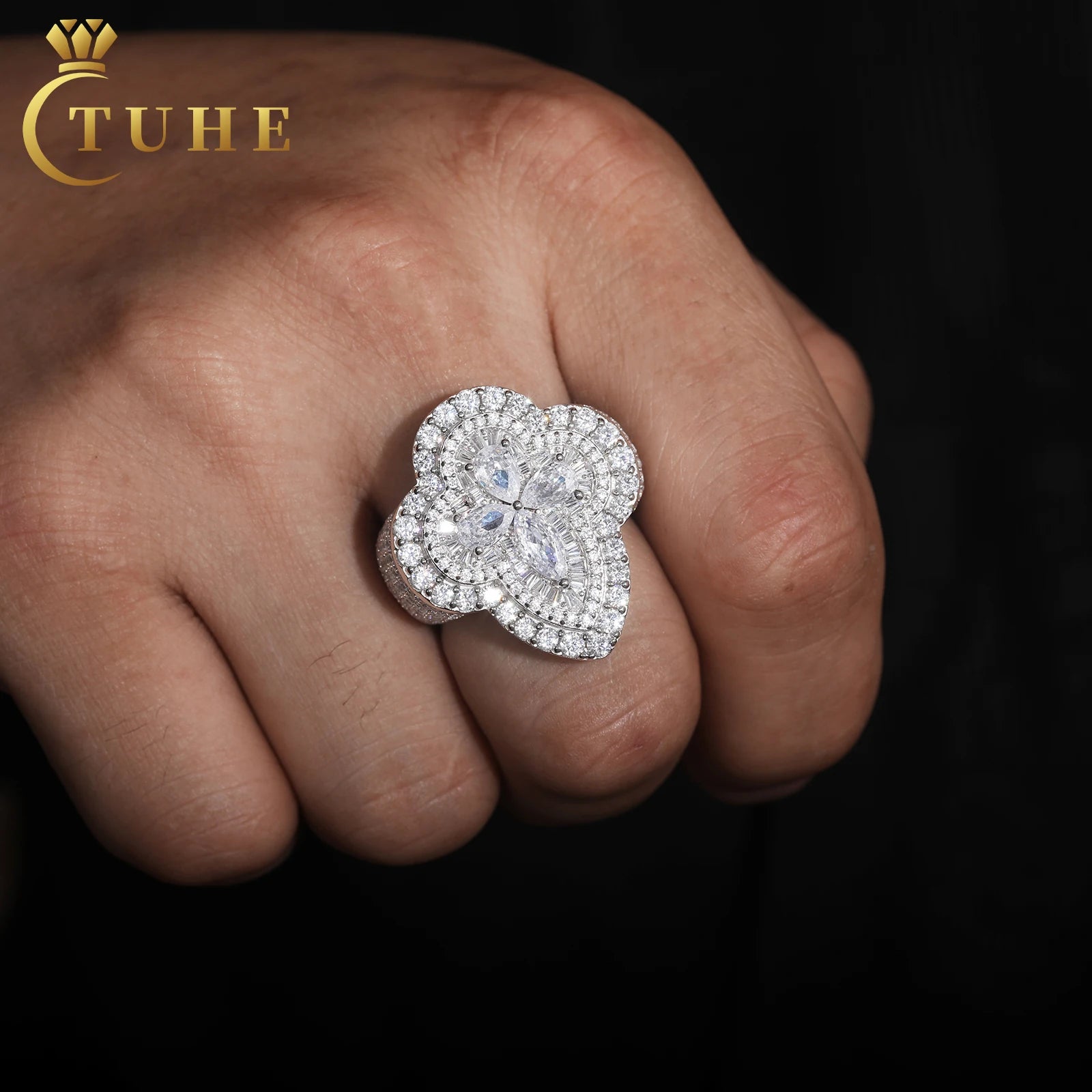 925 Sterling Silver Luxury Wedding Jewelry Gift New Arrival 2024 Lab Moissanite Diamond Iced Out Pear Cut Clover Engagement Ring