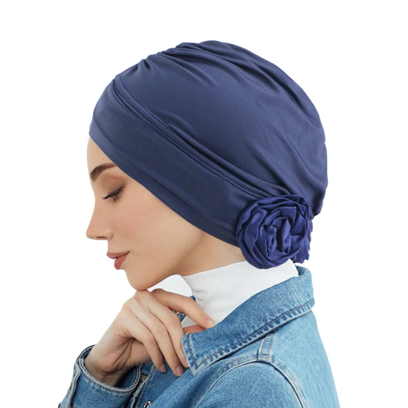 Wholesale Custom Logo Hair Accessories Stretchy Muslim Beanie Turbans Hijab Solid Color Polyester Spandex Turban for Women