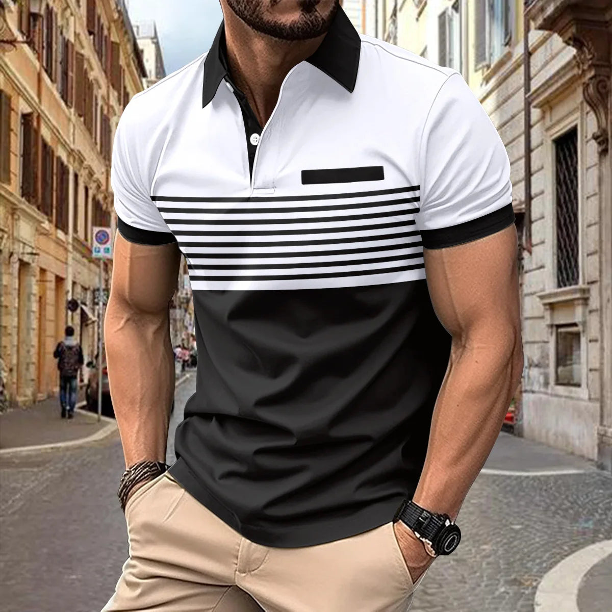 Fast Ship Way Summer T-shirt Pour Hommes Casual Men Polo Collar Striped T-Shirt