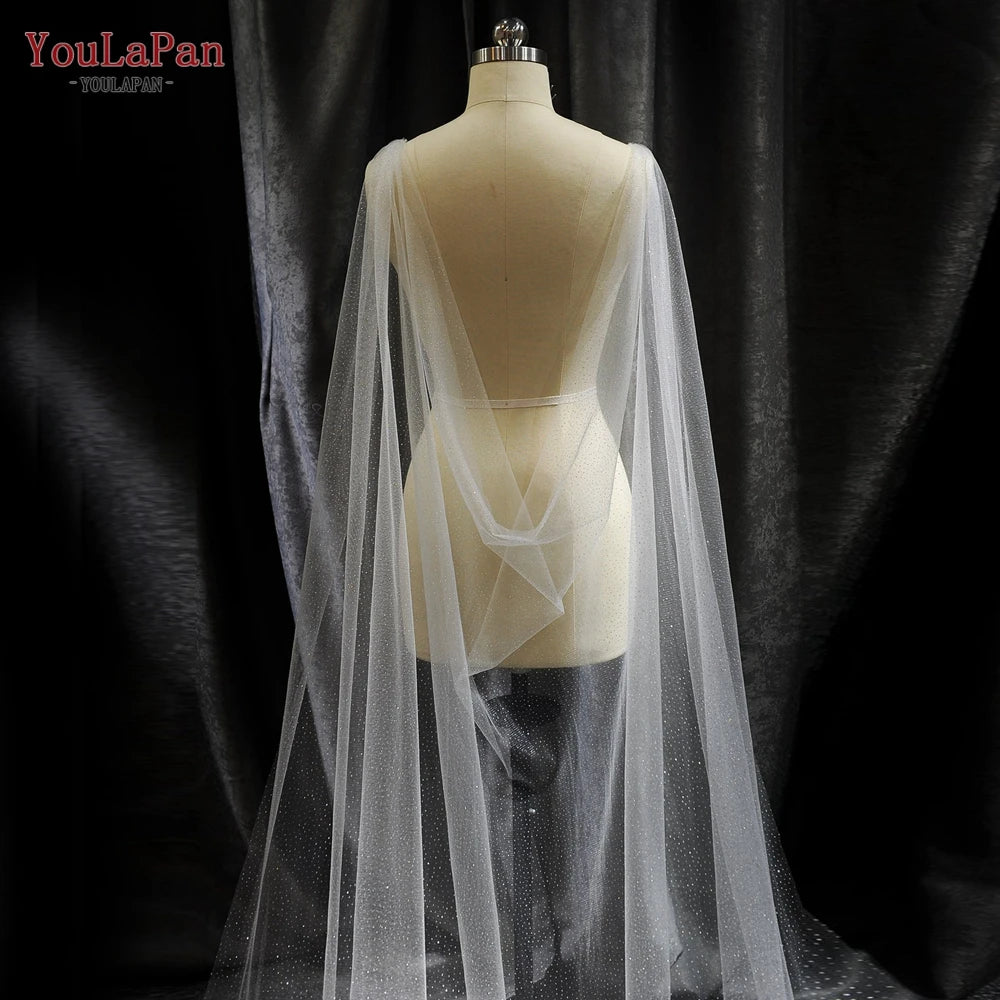YouLaPan VG41-X Party Queen Glitter Cape White Glitter Gauze Long Detachable Cape Wedding Dress Shoulder Accessories