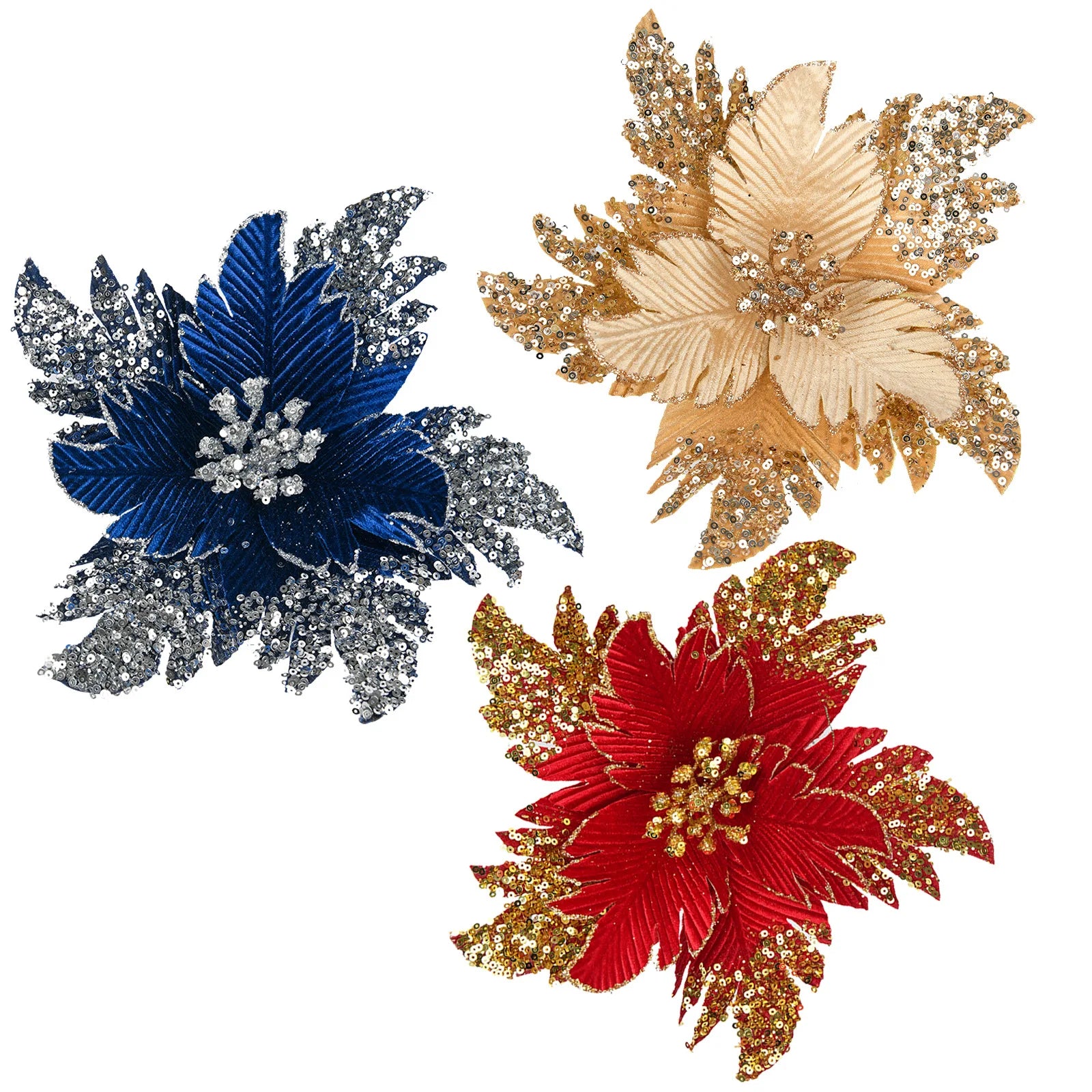 Wholesale Artificial Flower Big Artificial Decoration Poinsettia Large Tree Glitter Poinsettias Christmas Flowers