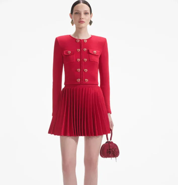 A9649 Latest Style Cotton Knit Heart Set Red Long Sleeve Top and Pleated Skirt Set Fashion Boutique Elegant Women Suit