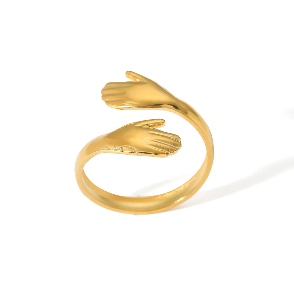 Korean Stylish Stainless Steel Gold Plated Hug Me Hand Embrace Creative Open Rings for Ladies
