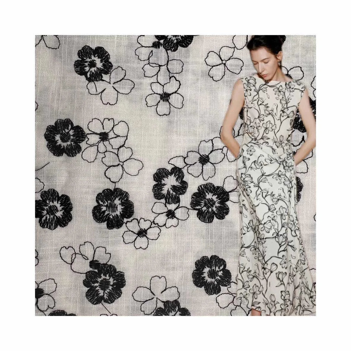 Manufacture Black Flower Embroidery 55 Linen 45 Rayon  Lace Fabric