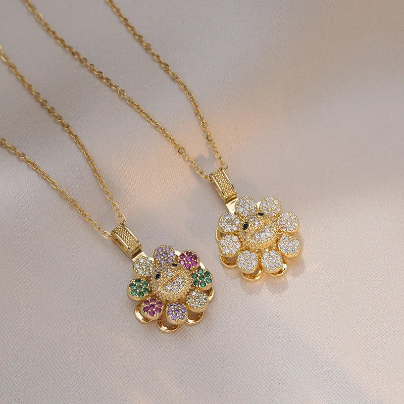 AA016260 Wholesale Colorful Zircon 18k Gold Plated Stainless Steel Zircon Flower Rotating Sunflower Women Necklace