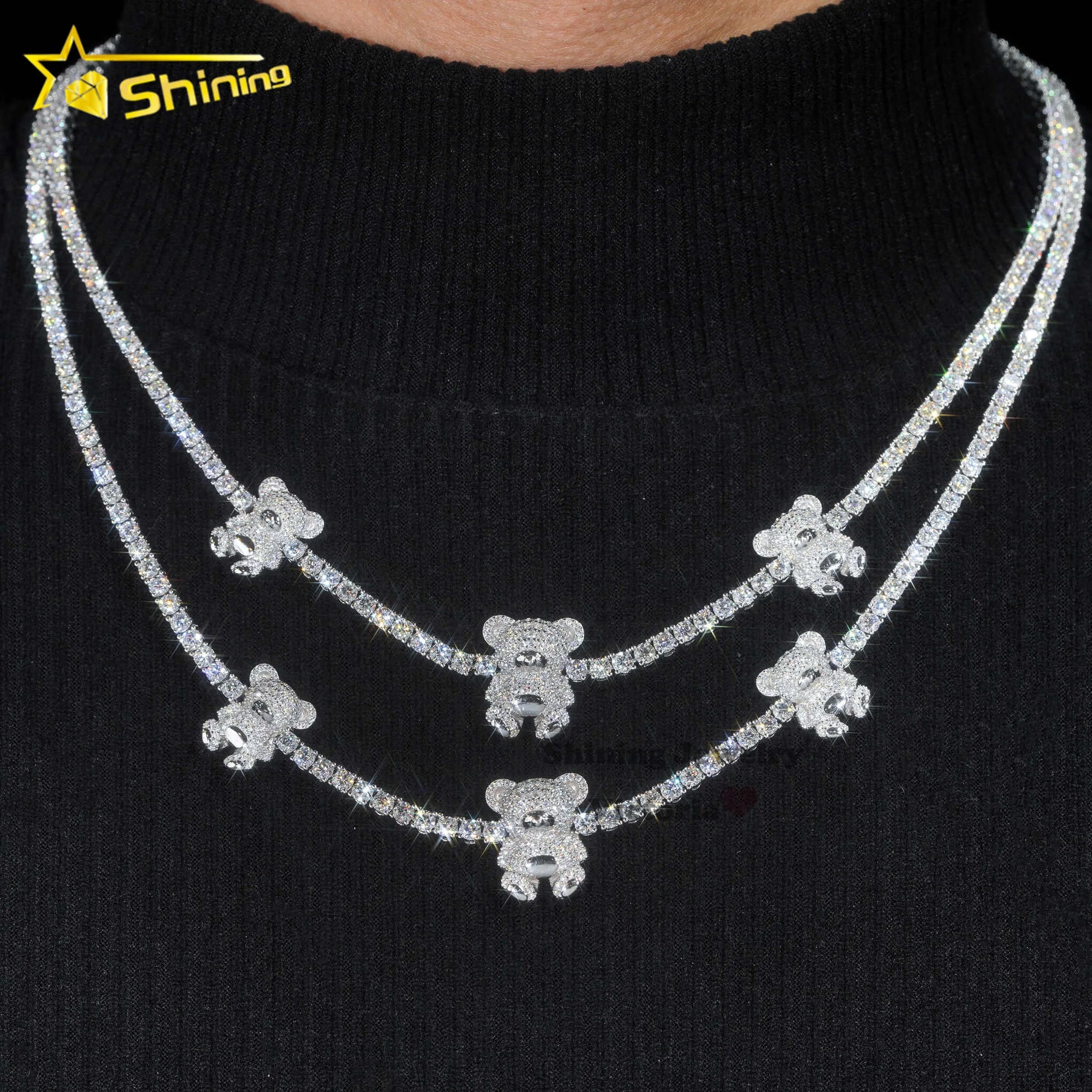 Pass Diamond Tester Three Diamond Bear Pendant Tennis Necklace 925 Soild Silver 3mm Vvs Moissanite Tennis Chain Necklace