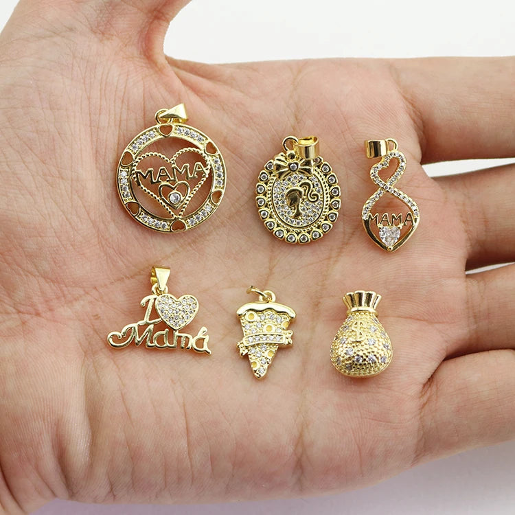HD0094 Luxury 18K Gold Plated Brass MAMA & Love Mom Charm Pendant CZ Inlaid Jewelry Component Charms Wholesale