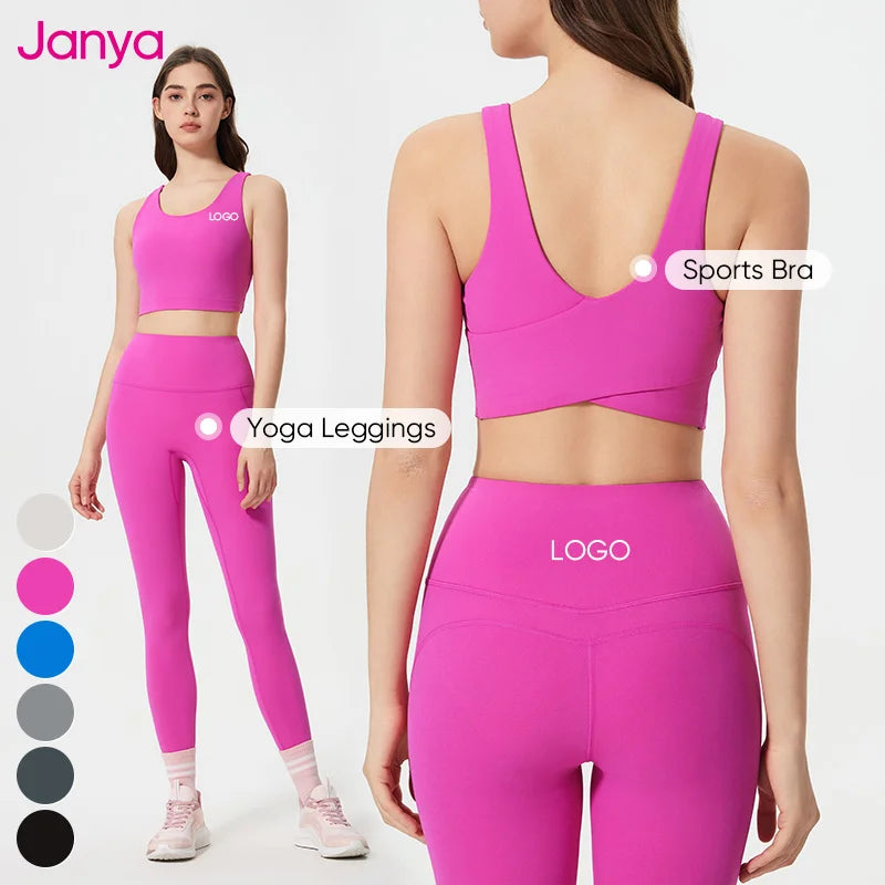 Janya 2 PCS Workout Wear Set High Waist Fitness Yoga Leggings Gym Sports Bra Wholesale Solid Top Sets with Fixed Pads for Women