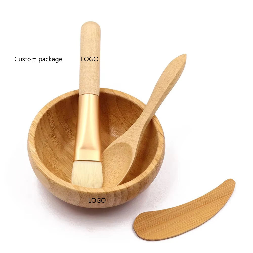 Eco Friendly Custom Bamboo Wood Face Skincare DIY Cream Clay Jelly Bamboo Mixing Facial Mask Bowl Spatula Brush with Spoon Set