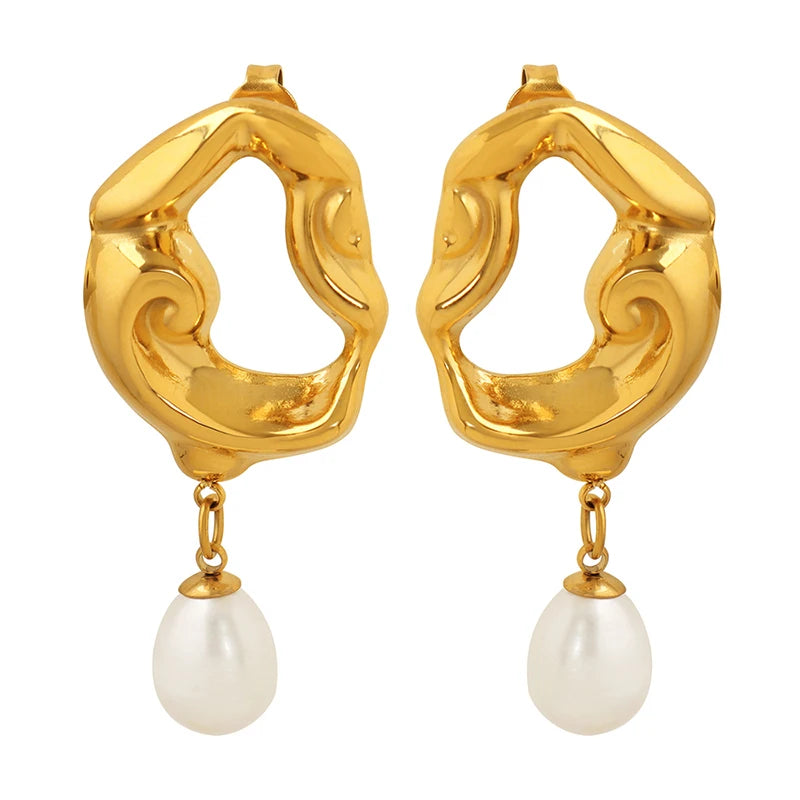 French Vintage Luxury Earrings Plated with 18K Gold lava Freshwater Pearl Pendant Earrings