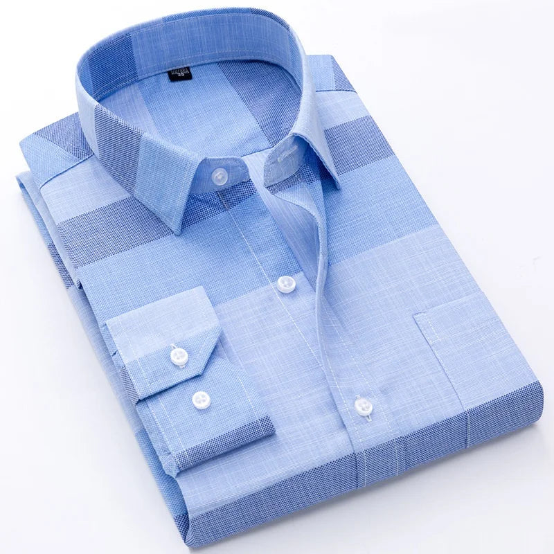 Men's Long-sleeved Casual Shirts Cotton and Linen Tops Large Plaid Color-blocking Business Formal Shirt