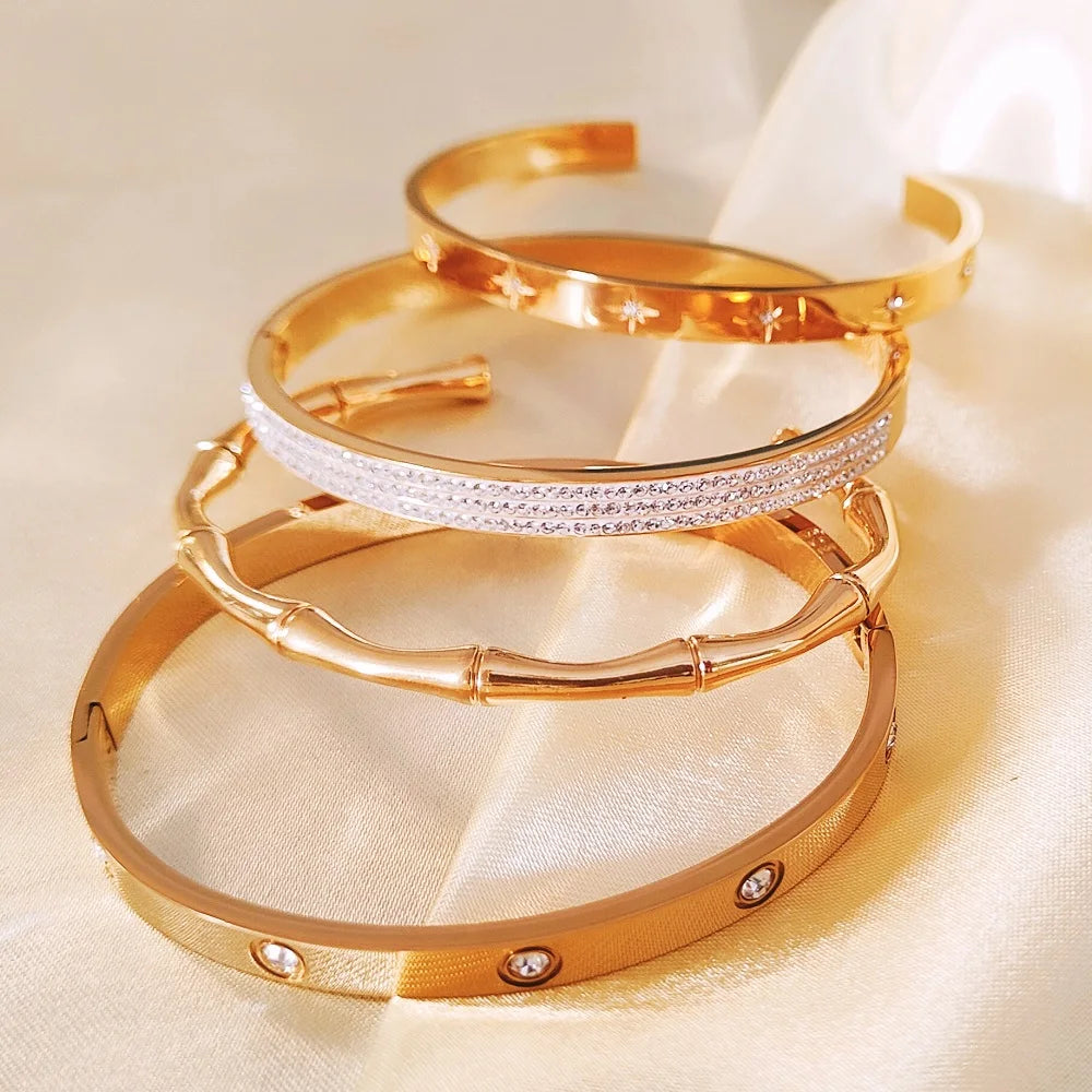 Fashion Bamboo Bangle 18k Gold Plated Diamond Bangles Bracelet Women Stainless Steel Jewelry