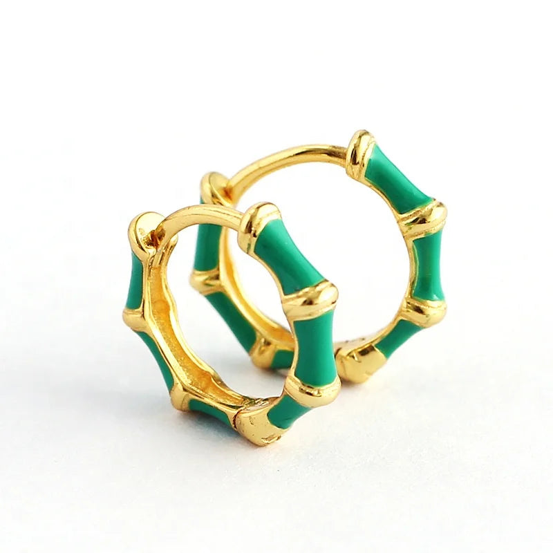 Ouj Antique 18k Gold Plated Bamboo Shaped Fashion Western Vintage Style Enamel Plated Huggie Earrings 925 Sterling Silver