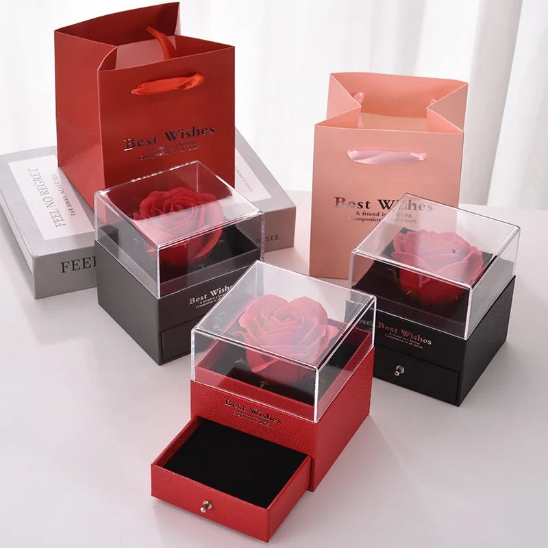 YUANQI Simple and Romantic Valentine's Day Acrylic Square Drawstring Closure Soap Rose Drawer Ring Necklace Earrings Jewelry Box