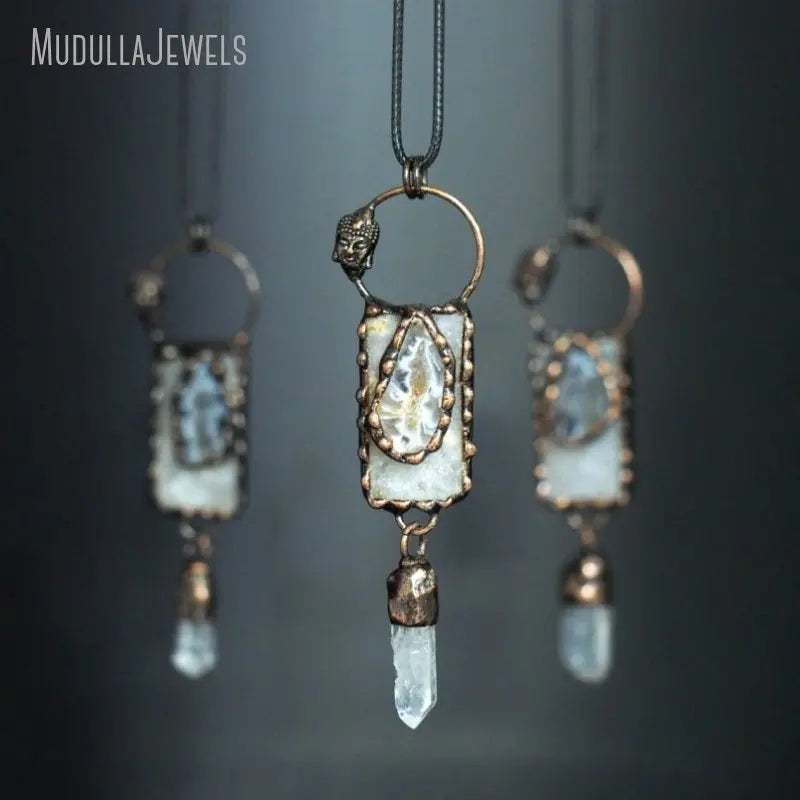 NM48560 Soldered Jewelry Natural Agate Geode Clear Crystal Quartz Rectangle Buddha Head Leather Rope Necklace Vintage Style