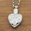Vintage Christian Stainless Steel Cremation Crystal Heart Ash Urn Pendant Necklace Silver Plating White Memorial Keepsake