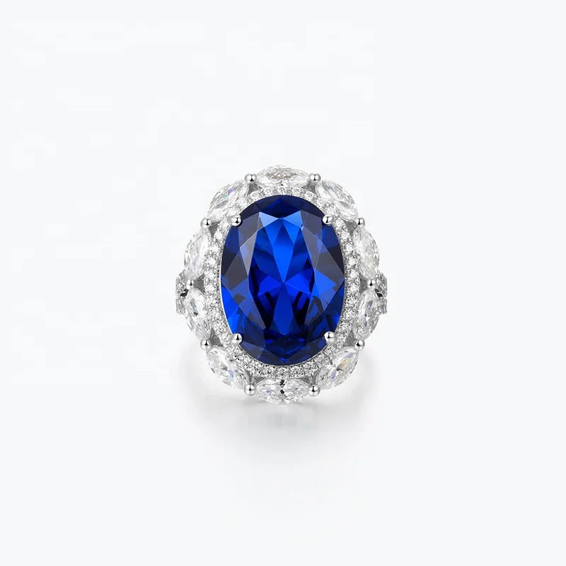 Best Jewelry Elegant Blue Sapphire Birthstone Jewelry 925 Sterling Silver Cubic Zircon Halo Blue Sapphire Ring