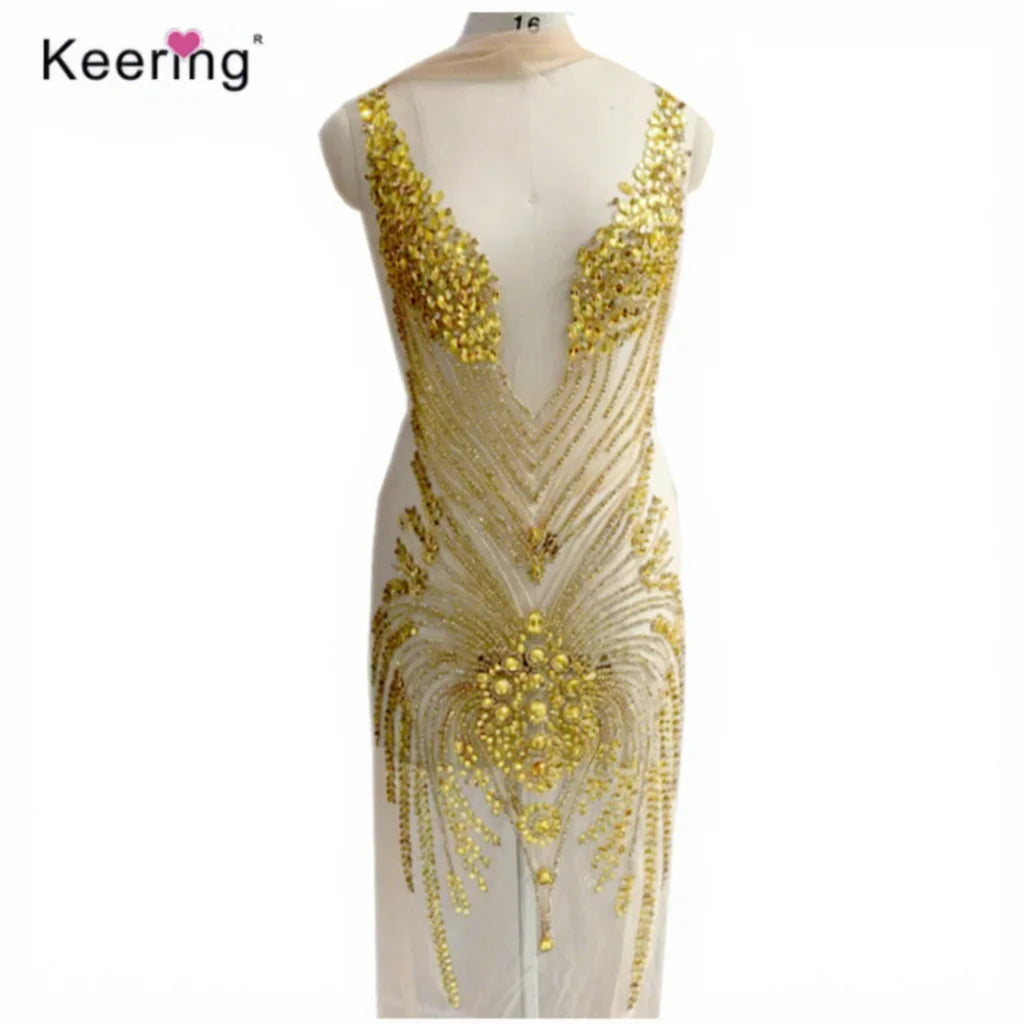 Full Body Gold  Stone Beaded Applique  Wedding Lace Fabric for Sewing on Evening Dress WDP-066
