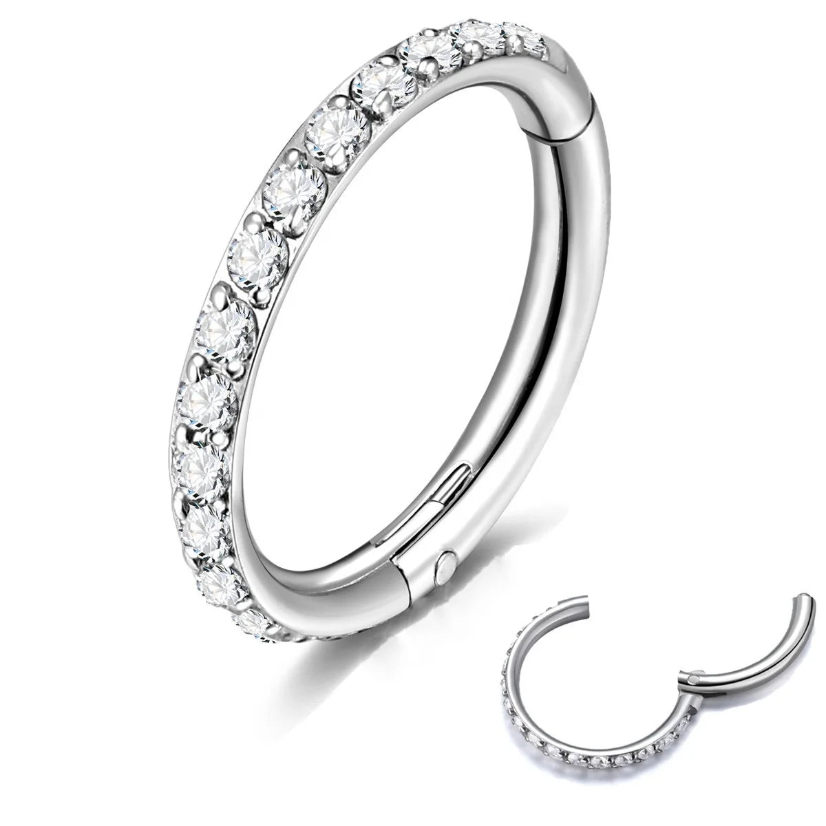 14G 1.2mm Stainless Steel 6mm 8mm 10mm 12mm Hinged Clicker Ring CZ Pave Hoop Earring Cartilage Body Piercing Segment Septum Ring